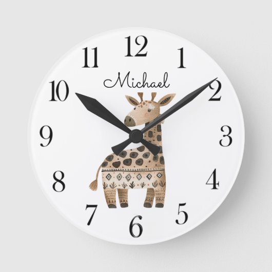 Schattig Waterverf Dier Giraffe Kinderkamer Ronde Klok (Voorkant)