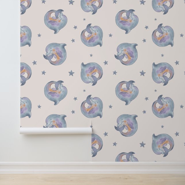 Schattig Waterverf Dolfijn en Sterren Naadloos Pat Behang (Applicatie)