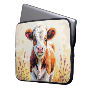 Schattig Waterverf Kalf In Bloemenveld Laptop Sleeve