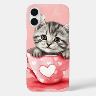SCHATTIG WATERVERF KITJE ZITTEND IN ROZE THEEKOPJE iPhone 16 PLUS HOESJE