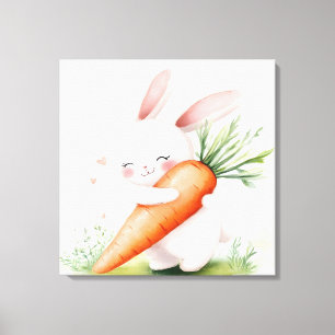 Schattig Waterverf Lente Konijn Wortel Canvas Afdruk