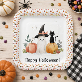Schattig Waterverf Spook Zwarte Kat Pompoen Hallow Papieren Bordje