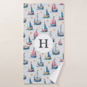 Schattig waterverf zeilboot & naam kinderen badhanddoek (Badhanddoek)