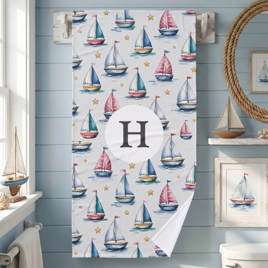 Schattig waterverf zeilboot & naam kinderen badhanddoek
