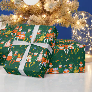 Schattig Whimsical Groen Kerstmis Kerstman Elfen P Cadeaupapier