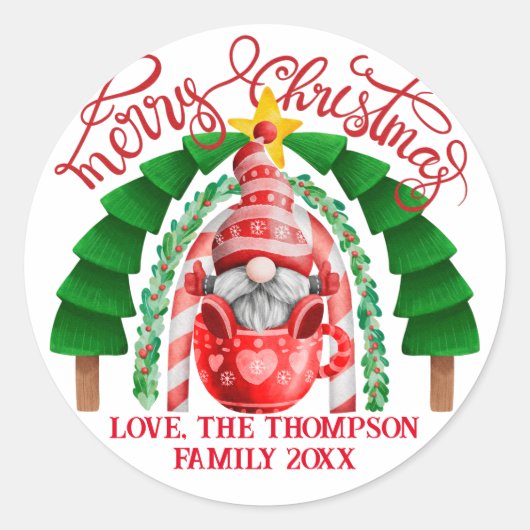 Schattig Whimsical Kabouter Vrolijk Kerstboom Rege Ronde Sticker (Voorkant)