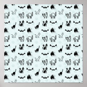 Schattig Whimsical Kat Patroon Zwart Wit Lichtblau Poster