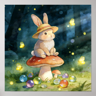 Schattig Whimsical Konijn op Paddenstoel Magisch B Poster