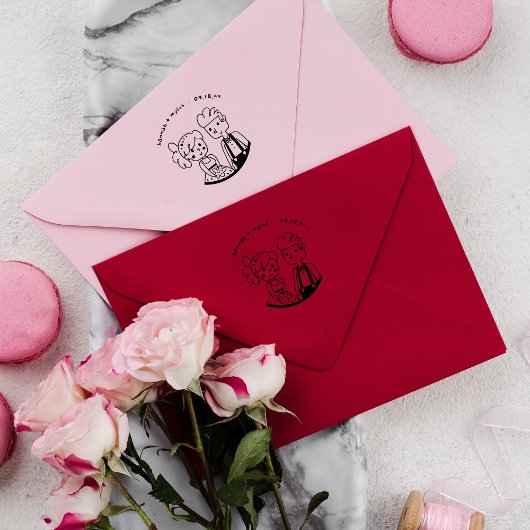 Schattig Whimsical Koppel Doodle | Monogram Huweli Rubberstempel