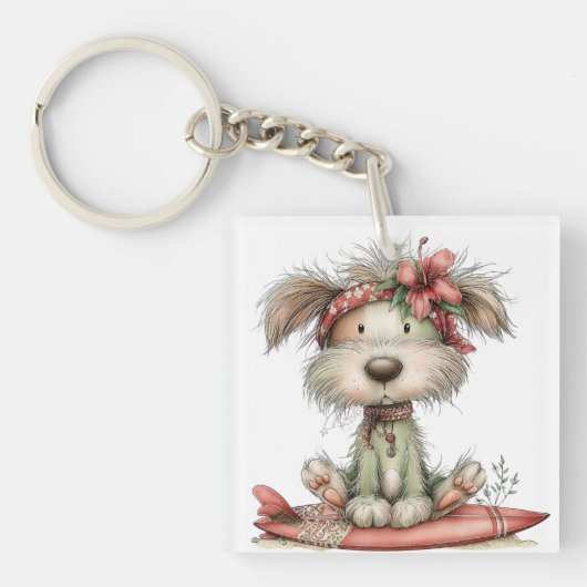 SCHATTIG WHIMSICAL ZOMERHOND OP SURFPLANK SLEUTELHANGER (Voorkant)