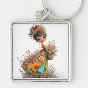 SCHATTIG WHIMSICAL ZOMERMEISJE MET KLEINE BLOEMEN SLEUTELHANGER