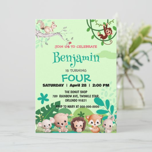 schattig wild safari zoo dieren oerwoud Verjaardag Kaart (Staand voorkant)