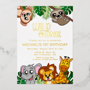 Schattig Wilde Eén Jungle Safari Dieren Eerste Ver Folie Uitnodiging