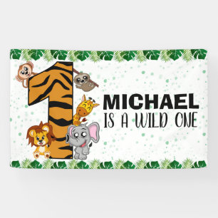 Schattig Wilde Eén Safari Jungle Dieren 1e Verjaar Spandoek
