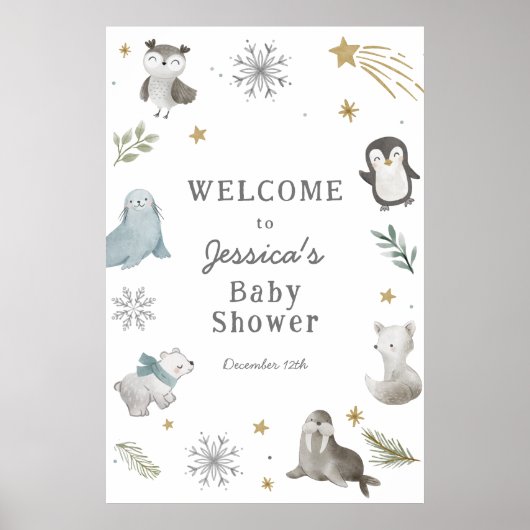 Schattig Winter Arctic Animals Baby shower Welkom Poster (Voorkant)
