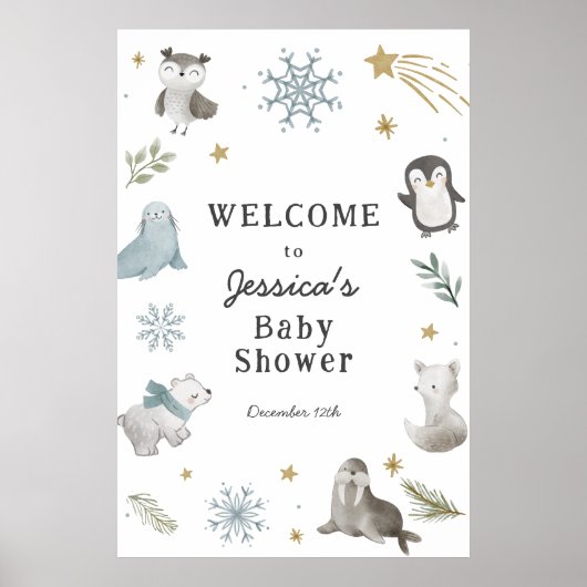 Schattig Winter Arctic Animals Baby shower Welkom Poster (Voorkant)
