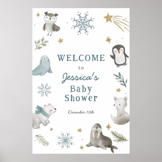 Schattig Winter Arctic Animals Baby shower Welkom Poster (Voorkant)