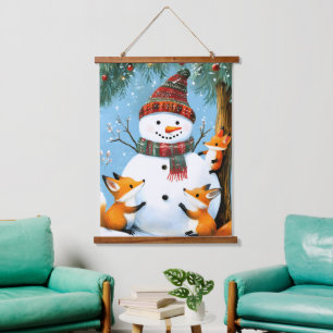 Schattig winter bos sneeuwman vossen hangend wandkleed