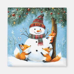 Schattig winter bos sneeuwman vossen magneet