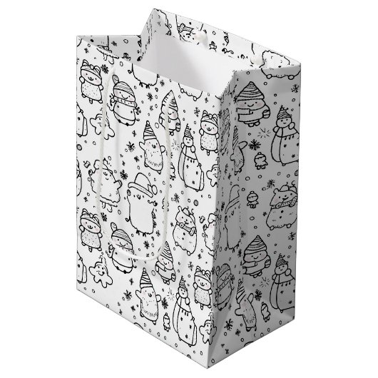 Schattig winter kerstdoodlepatroon (5) medium cadeauzakje (Voorkant Gekanteld)