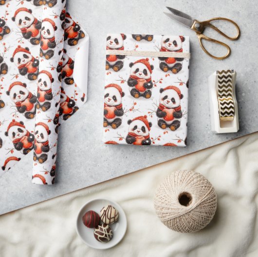Schattig Winter Panda Pattern met Gezellige Rode B Cadeaupapier (Crafts)