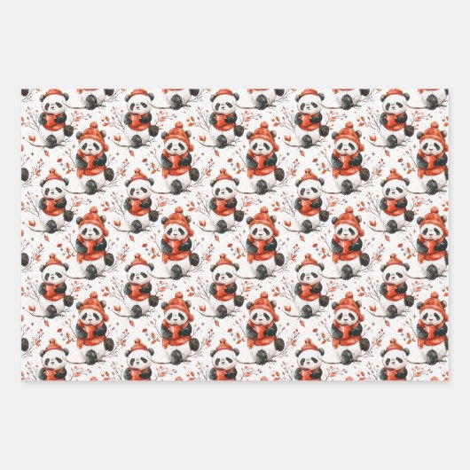 Schattig Winter Panda Pattern met Gezellige Rode B Inpakpapier Vel (Voorkant 2)