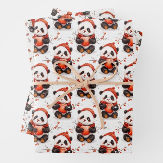Schattig Winter Panda Pattern met Gezellige Rode B Inpakpapier Vel (In situ)