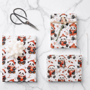 Schattig Winter Panda Pattern met Gezellige Rode B Inpakpapier Vel