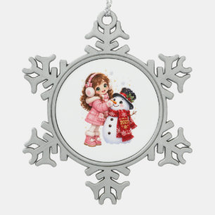 Schattig Wintermeisje Repareert Wortelneus van Sne Tin Sneeuwvlok Ornament