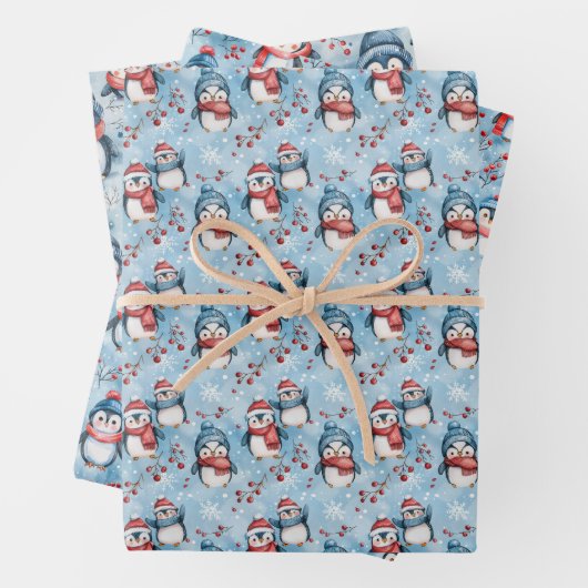 Schattig winterpinguïnpatroon met gezellige Petten Inpakpapier Vel (In situ)