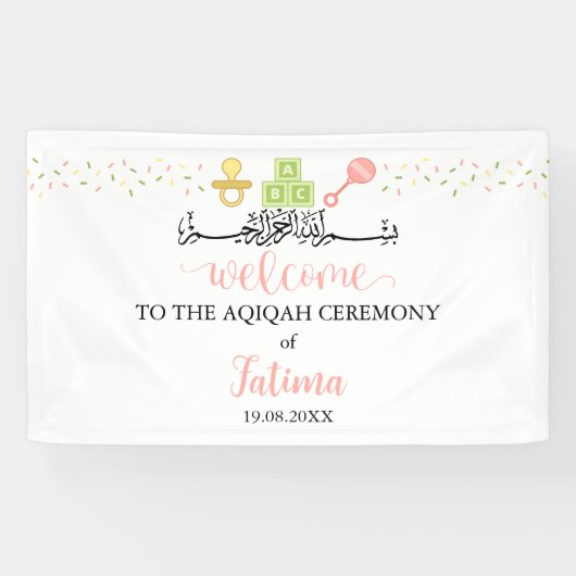 Schattig wit Aqiqah Aqeeqah Welkom Bannerbord Spandoek (Horizontaal)