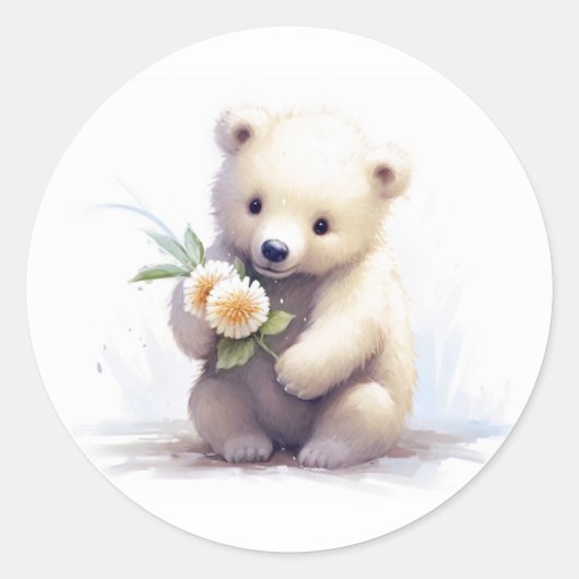 Schattig wit Beer met bloem Ronde Sticker (Voorkant)