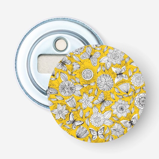 Schattig wit geel bloemig abstract ontwerp button flesopener (Voorkant)