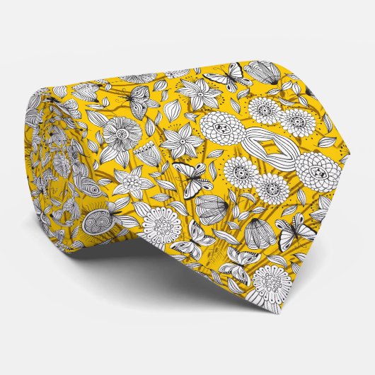 Schattig wit geel bloemig abstract ontwerp stropdas (Opgerold)