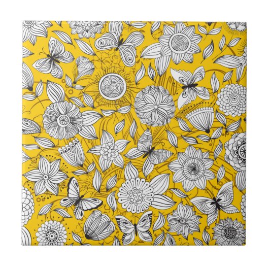 Schattig wit geel bloemig abstract ontwerp tegeltje (Voorkant)