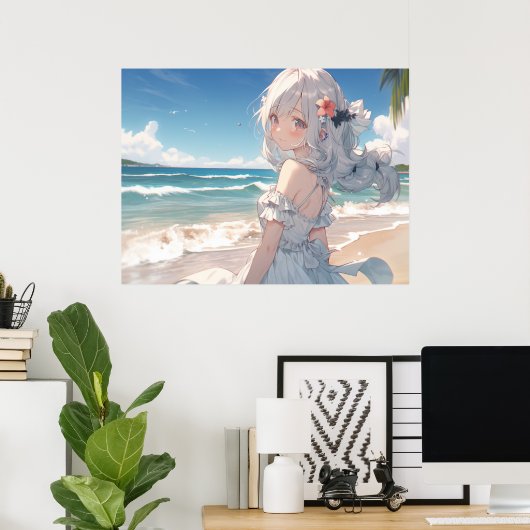 Schattig wit haired anime meisje op het strand poster (Thuiskantoor)