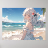 Schattig wit haired anime meisje op het strand poster (Voorkant)