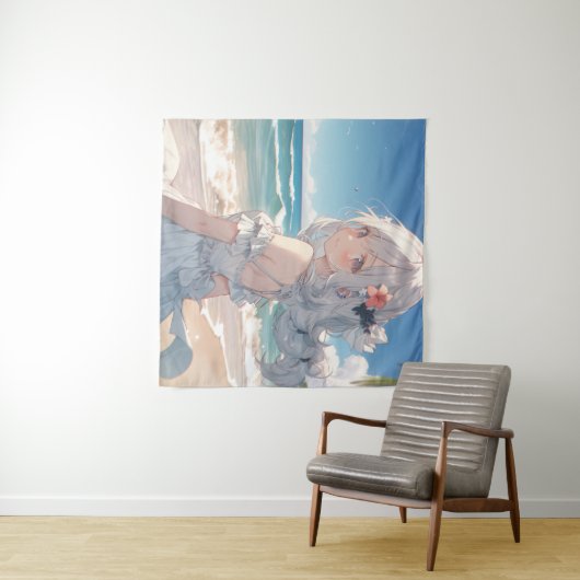 Schattig wit haired anime meisje op het strand wandkleed (In Situ (horizontaal))