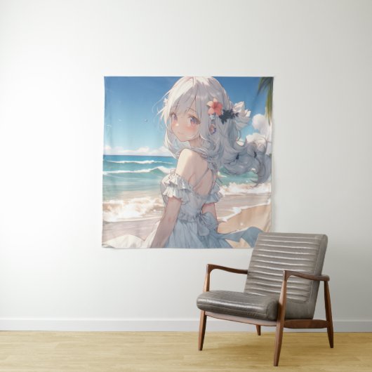 Schattig wit haired anime meisje op het strand wandkleed (In situ)