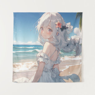 Schattig wit haired anime meisje op het strand wandkleed
