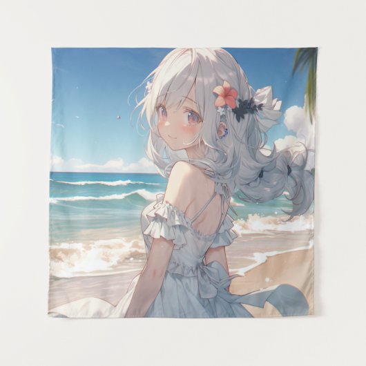 Schattig wit haired anime meisje op het strand wandkleed (Voorkant)