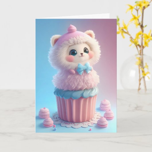 Schattig wit katje dat cupcake bakt Blank Kaart (Gele Bloem)