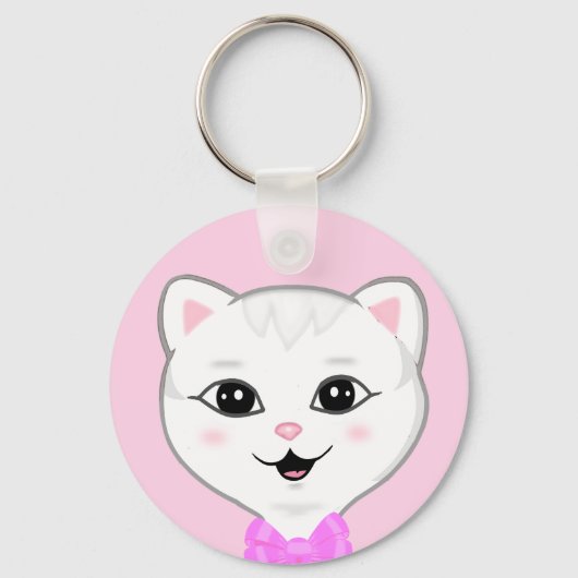 Schattig wit kattengezicht op lichtroze sleutelhanger (Voorkant)