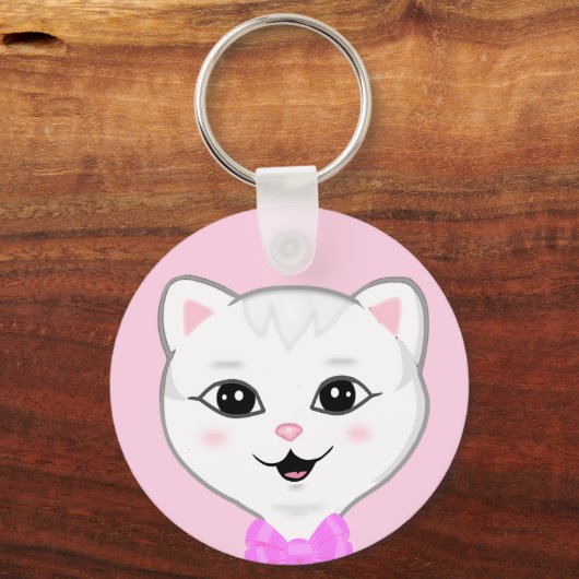 Schattig wit kattengezicht op lichtroze sleutelhanger (Achterkant)