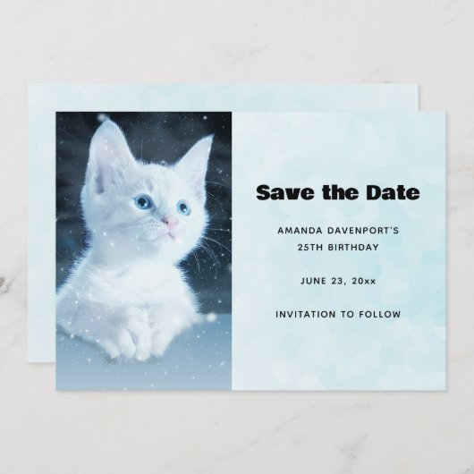Schattig wit kitten met  blauwe ogen save the date (Voorkant / Achterkant)