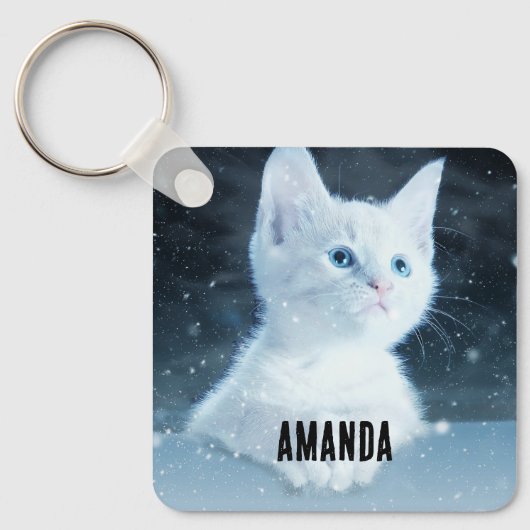 Schattig wit kitten met blauwe ogen sleutelhanger (Voorkant)