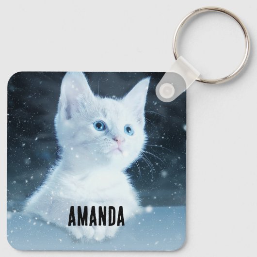 Schattig wit kitten met blauwe ogen sleutelhanger (Achterkant)
