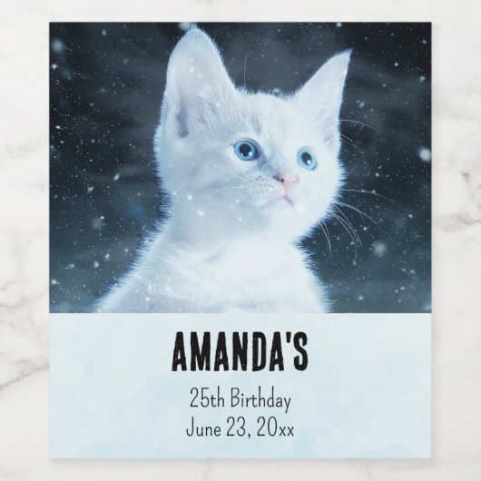 Schattig wit kitten met  Blue Eyes Party Wijn Etiket (Enkel label)