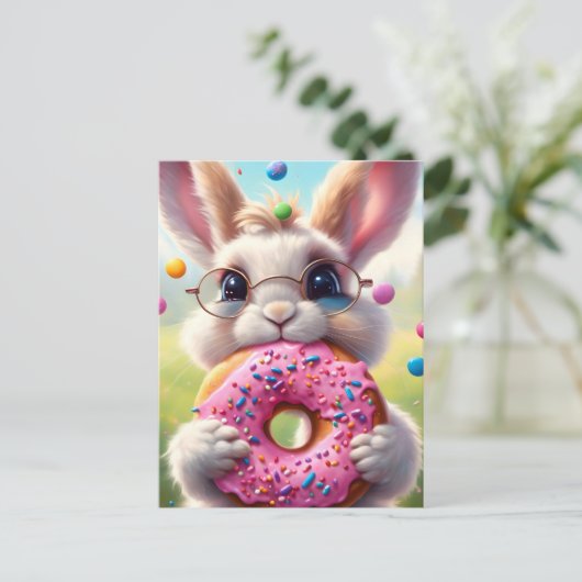 Schattig wit konijn met een donut briefkaart (Staand voorkant)