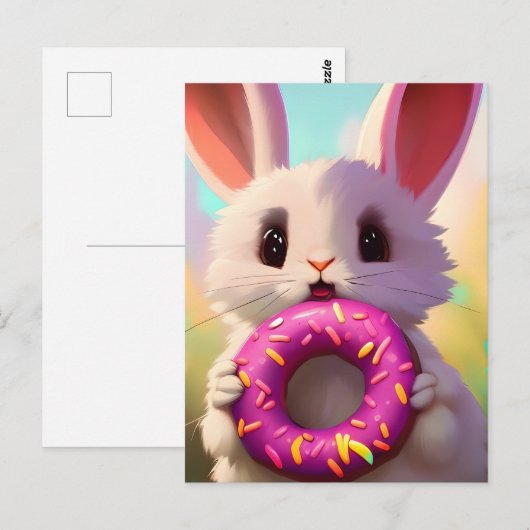 Schattig wit konijn met een roze donut briefkaart (Voorkant / Achterkant)